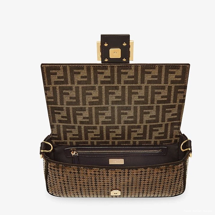 Cheap Medium In with Bag Baguette Motif Sequins Fabric Fendi FF Brown 0813